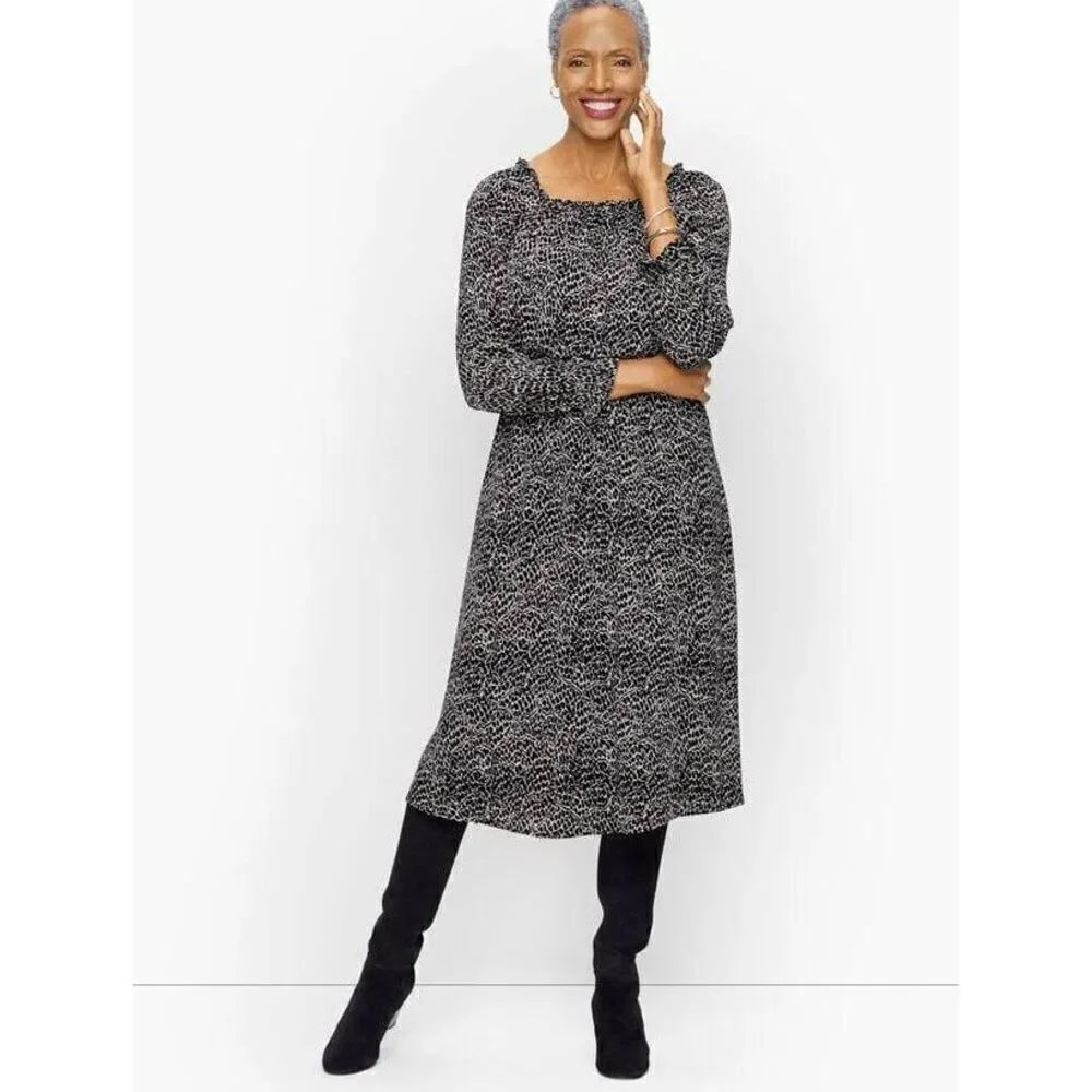 TALBOTS Women's 3X Smocked Fit & Flare Dress - Abstract Animal Black & White